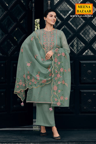 Cross Stitched Thread Embroidered Sea Green Net Suit