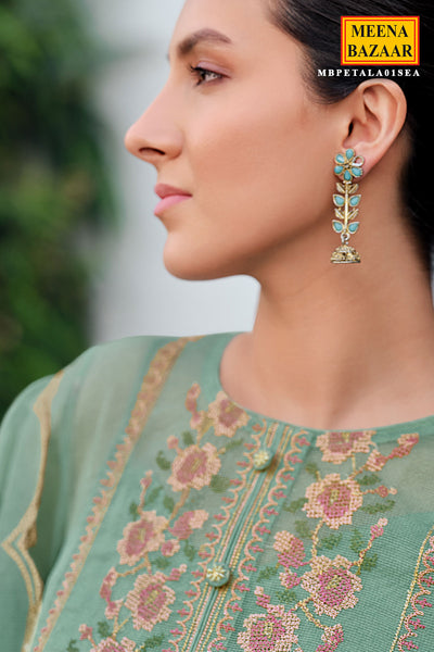 Cross Stitched Thread Embroidered Sea Green Net Suit