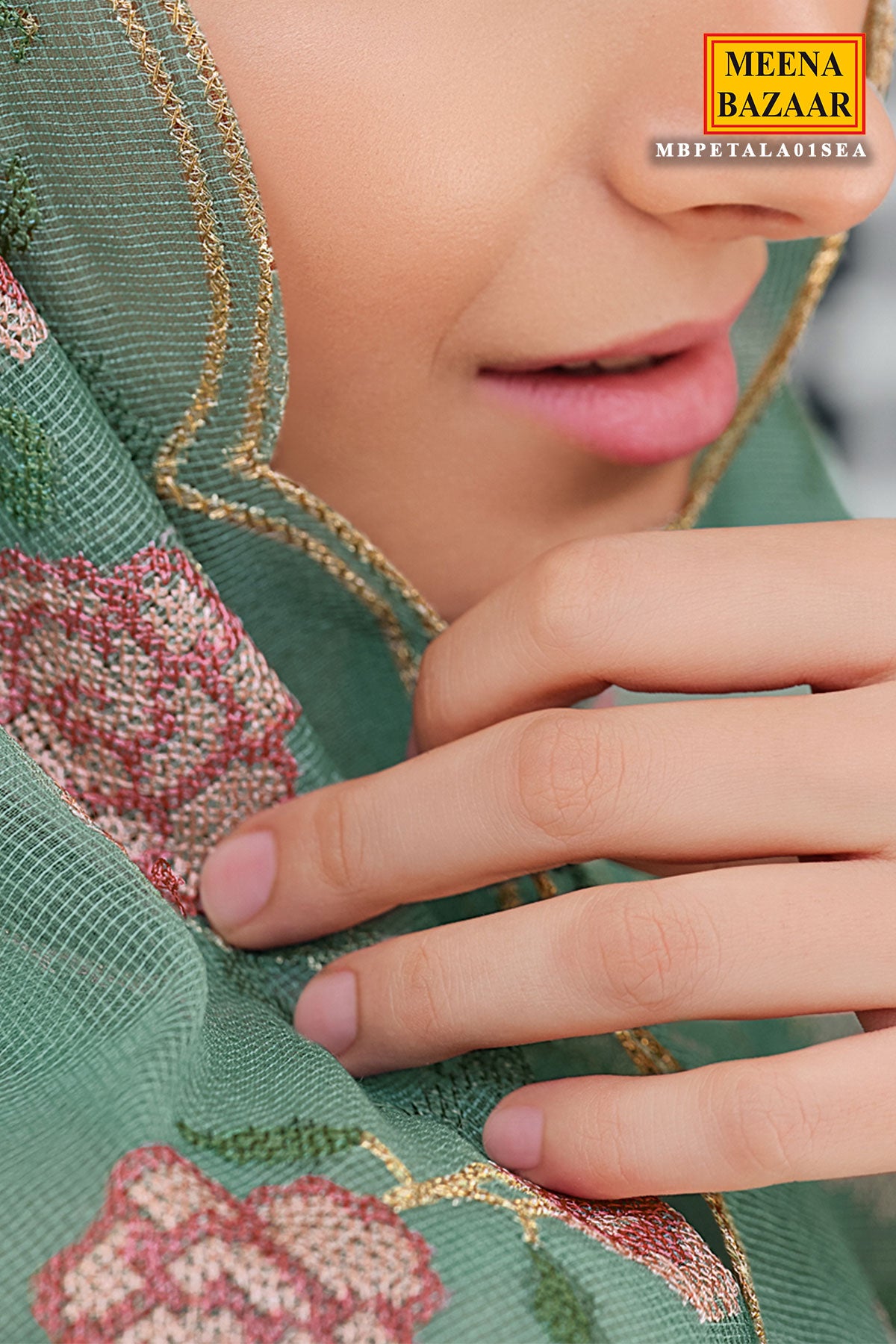 Cross Stitched Thread Embroidered Sea Green Net Suit