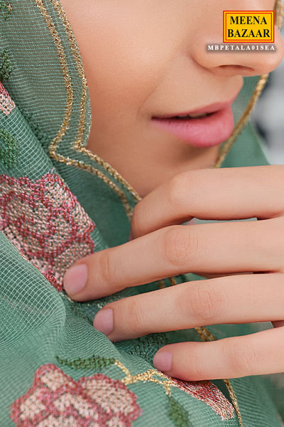 Cross Stitched Thread Embroidered Sea Green Net Suit
