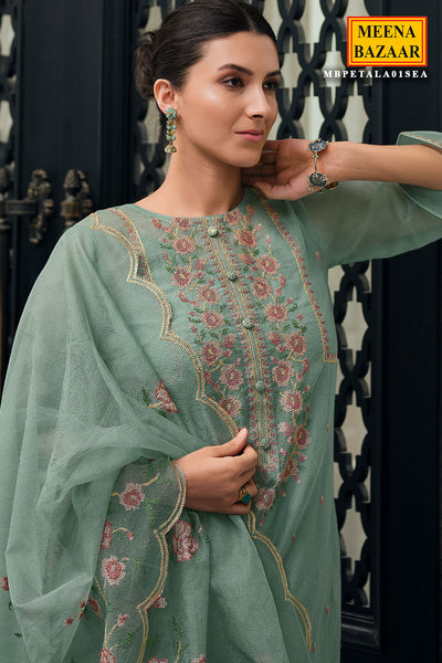 Cross Stitched Thread Embroidered Sea Green Net Suit