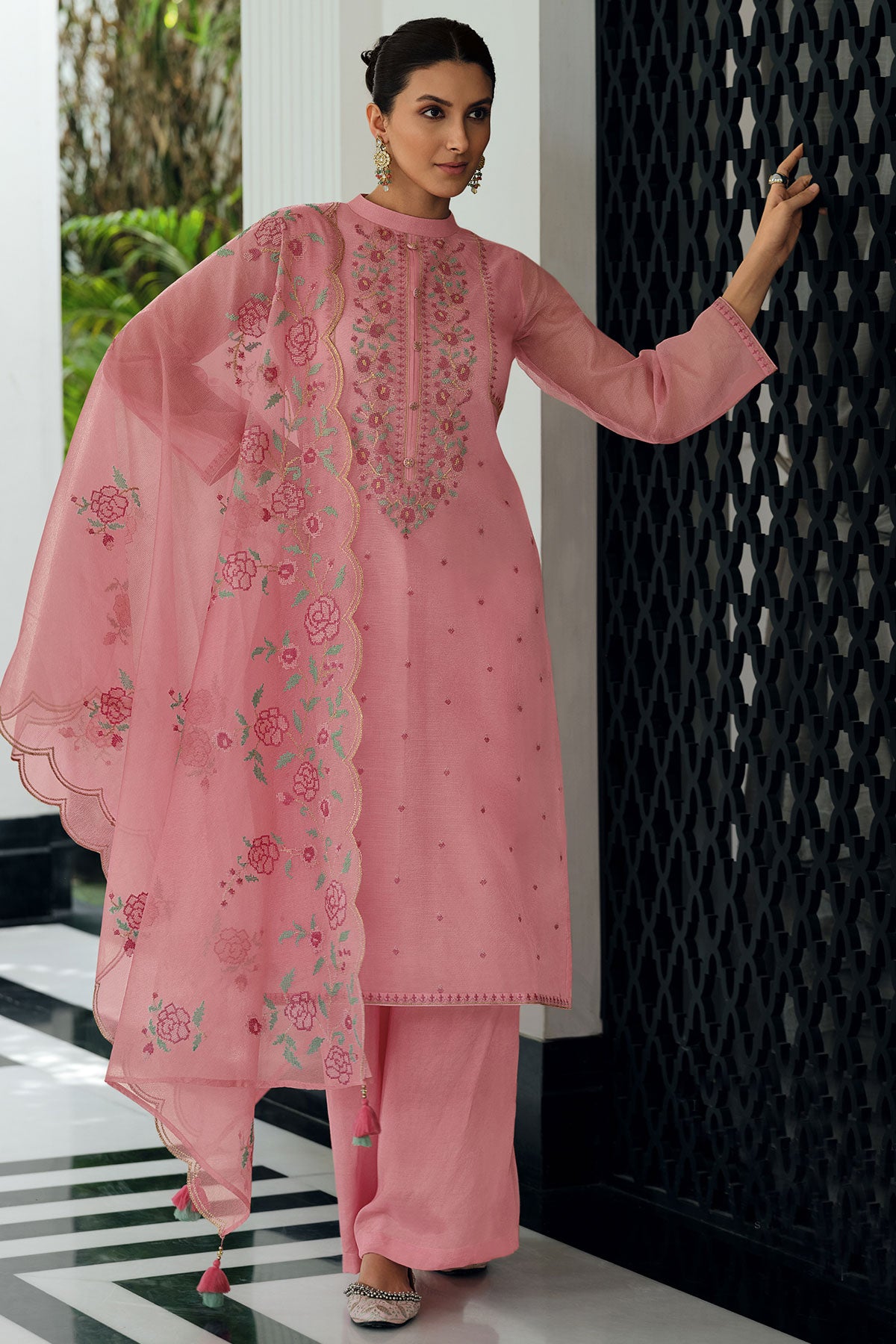 Cross Stitched Thread Embroidered Salmon Pink Net Suit