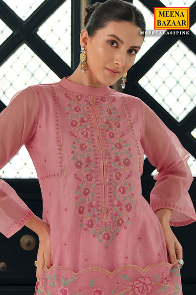 Cross Stitched Thread Embroidered Salmon Pink Net Suit