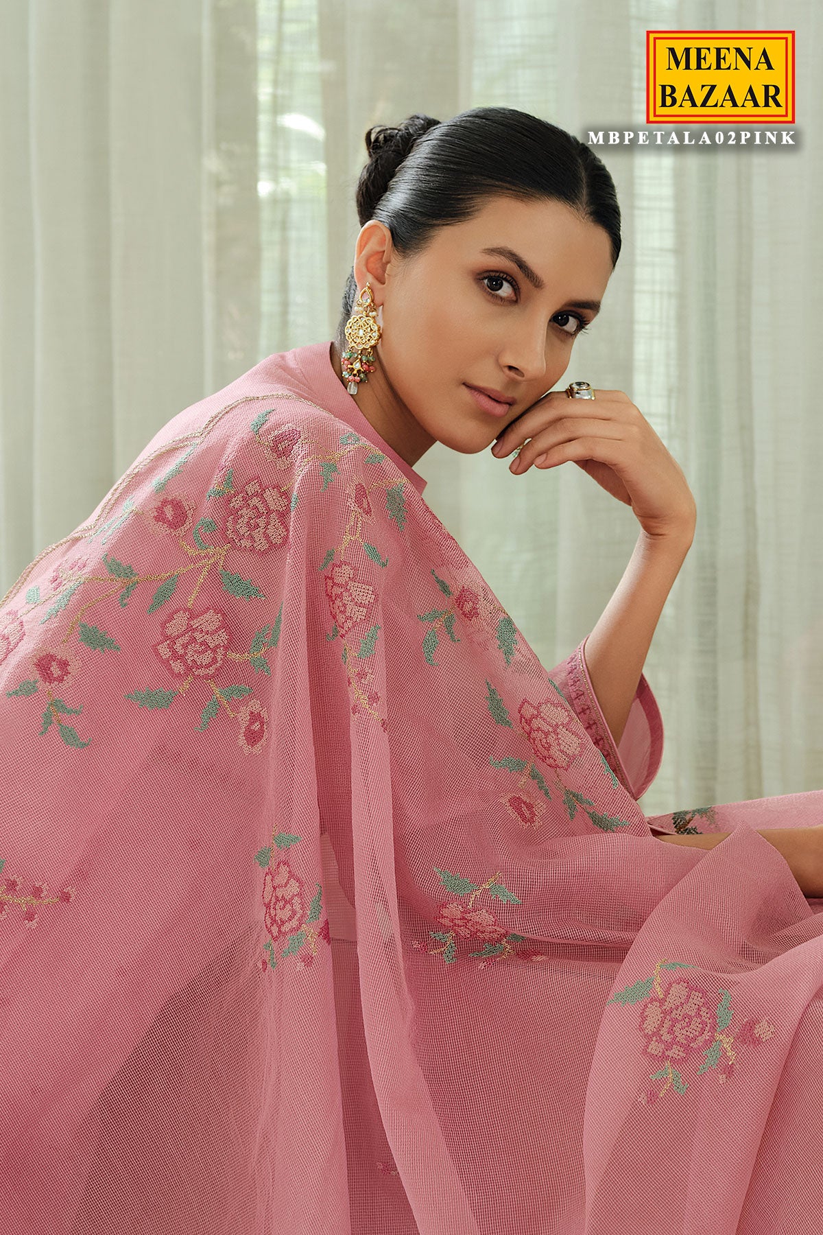 Cross Stitched Thread Embroidered Salmon Pink Net Suit