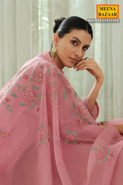 Cross Stitched Thread Embroidered Salmon Pink Net Suit