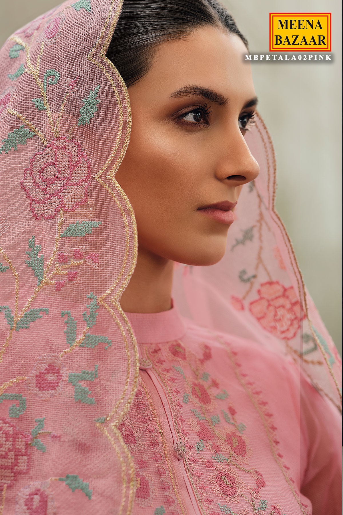 Cross Stitched Thread Embroidered Salmon Pink Net Suit