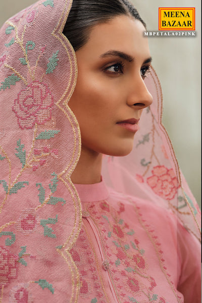 Cross Stitched Thread Embroidered Salmon Pink Net Suit