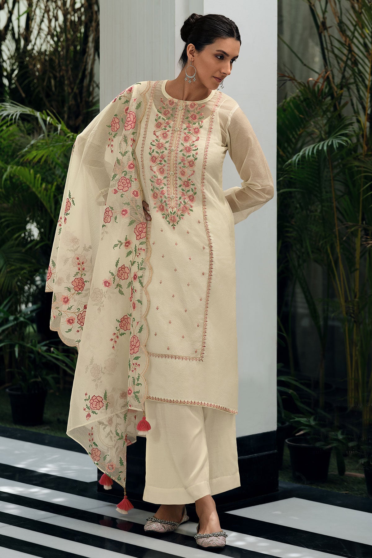 Cross Stitched Thread Embroidered Cream Net Suit