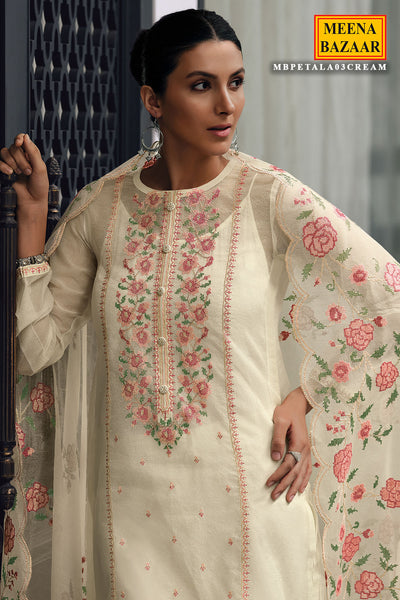 Cross Stitched Thread Embroidered Cream Net Suit