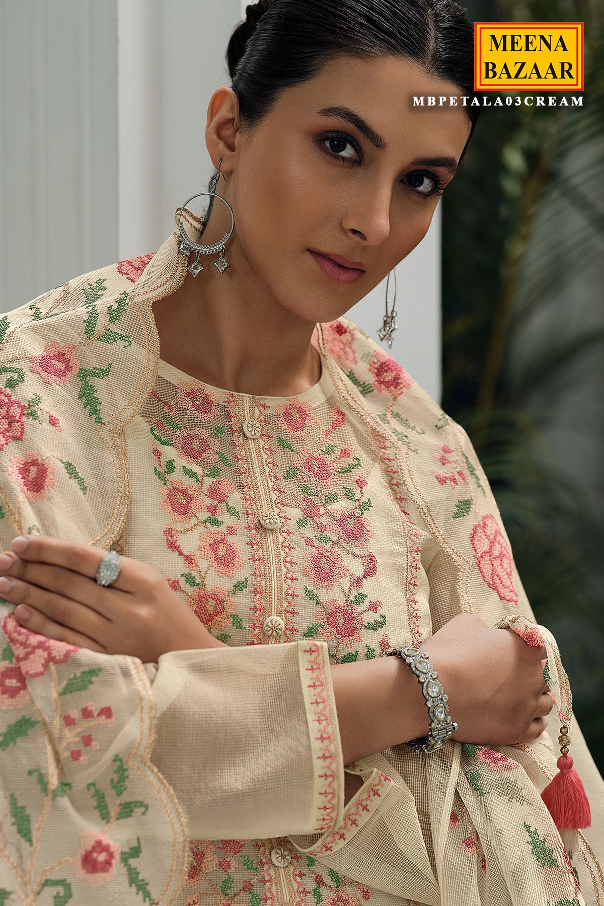 Cross Stitched Thread Embroidered Cream Net Suit