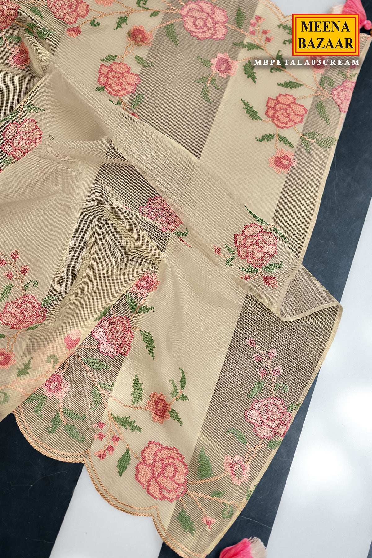 Cross Stitched Thread Embroidered Cream Net Suit