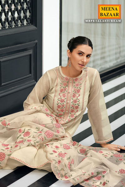 Cross Stitched Thread Embroidered Cream Net Suit