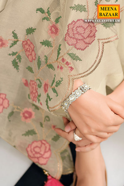 Cross Stitched Thread Embroidered Cream Net Suit