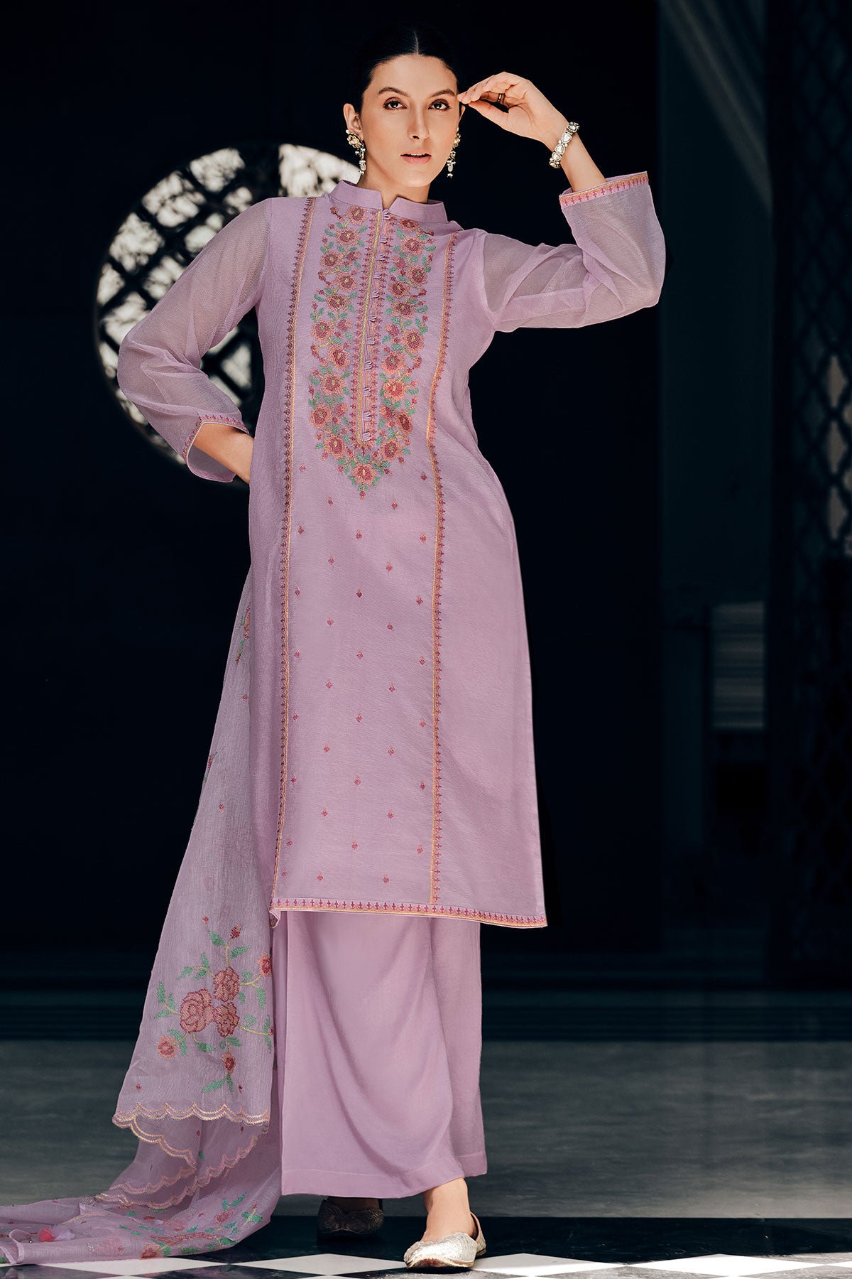 Cross Stitched Thread Embroidered Mauve Net Suit