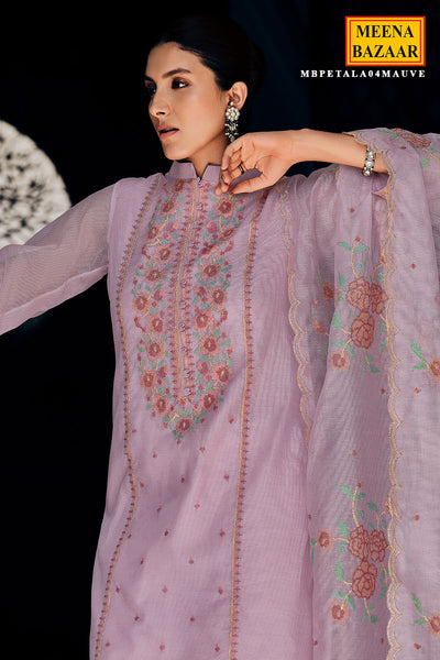 Cross Stitched Thread Embroidered Mauve Net Suit