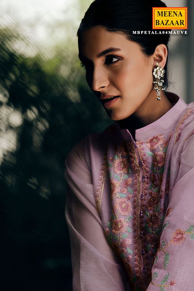 Cross Stitched Thread Embroidered Mauve Net Suit
