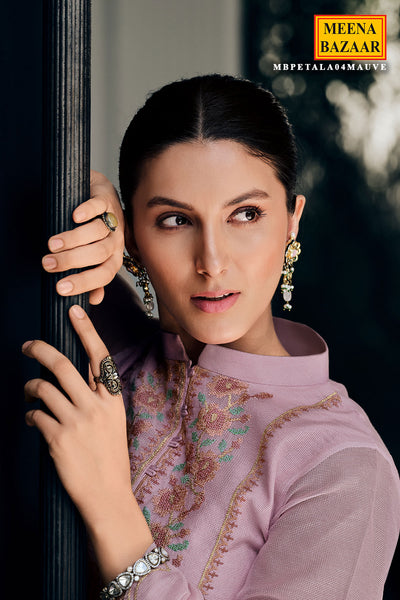 Cross Stitched Thread Embroidered Mauve Net Suit