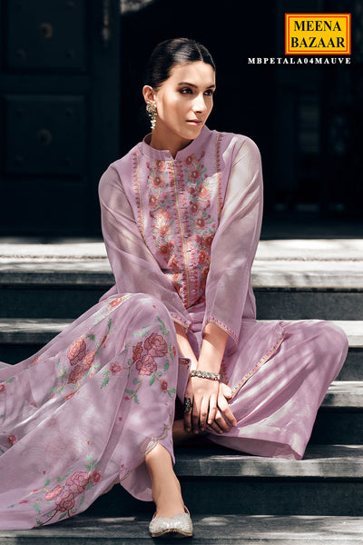 Cross Stitched Thread Embroidered Mauve Net Suit