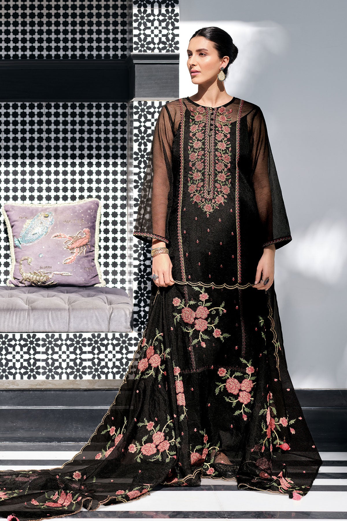 Cross Stitched Thread Embroidered Black Net Suit