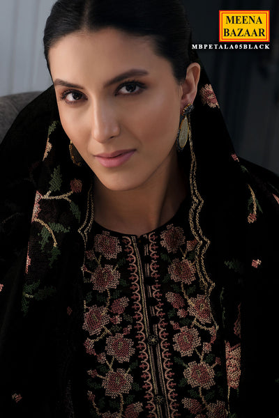 Cross Stitched Thread Embroidered Black Net Suit
