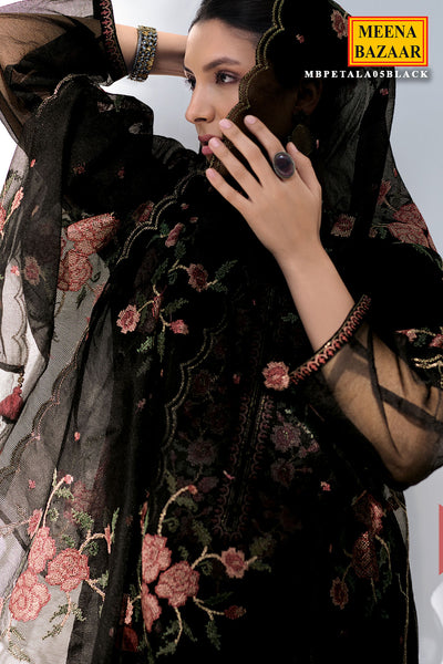 Cross Stitched Thread Embroidered Black Net Suit