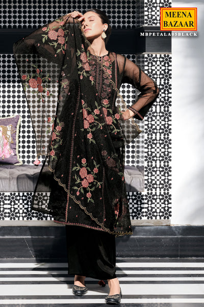 Cross Stitched Thread Embroidered Black Net Suit