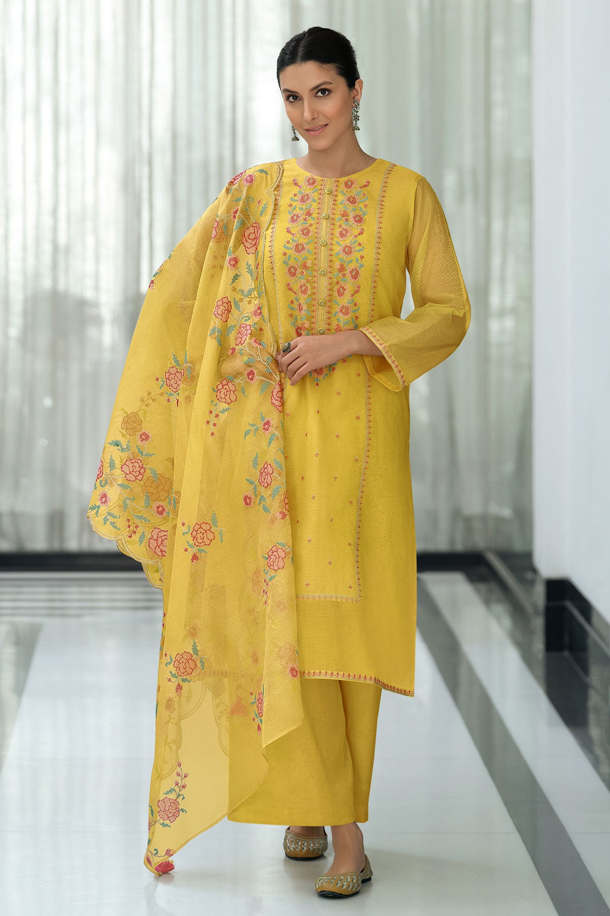 Cross Stitched Thread Embroidered Mustard Net Suit