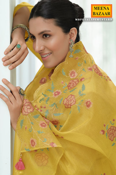 Cross Stitched Thread Embroidered Mustard Net Suit