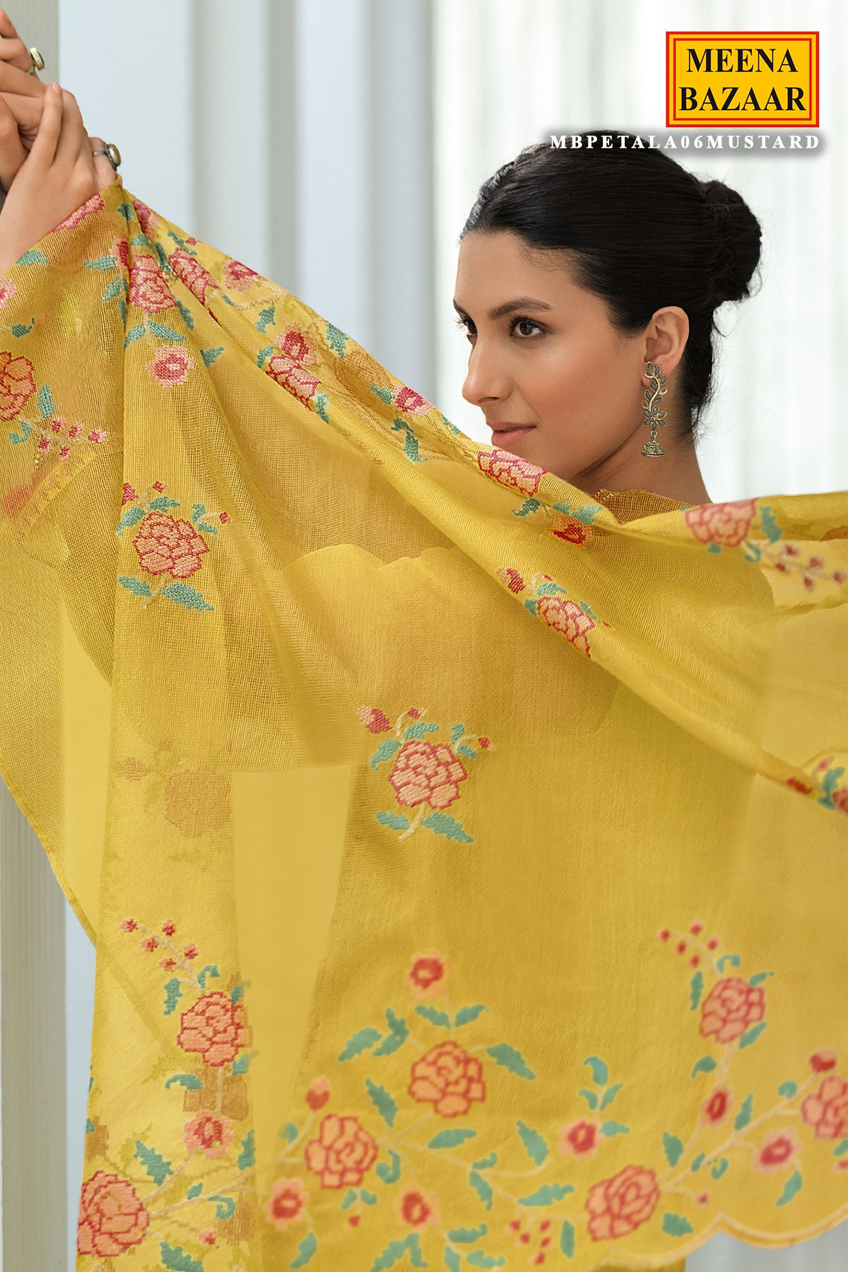 Cross Stitched Thread Embroidered Mustard Net Suit
