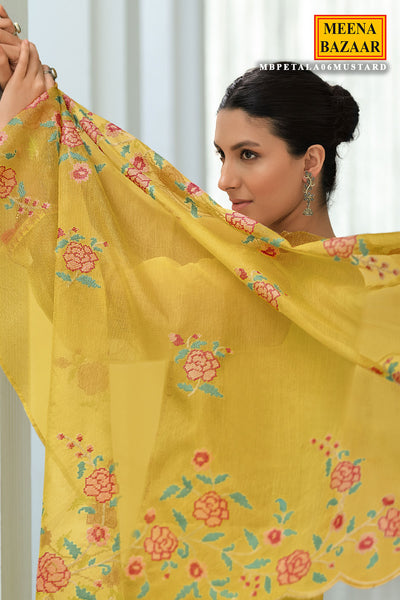 Cross Stitched Thread Embroidered Mustard Net Suit