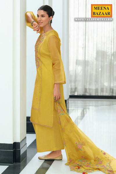 Cross Stitched Thread Embroidered Mustard Net Suit