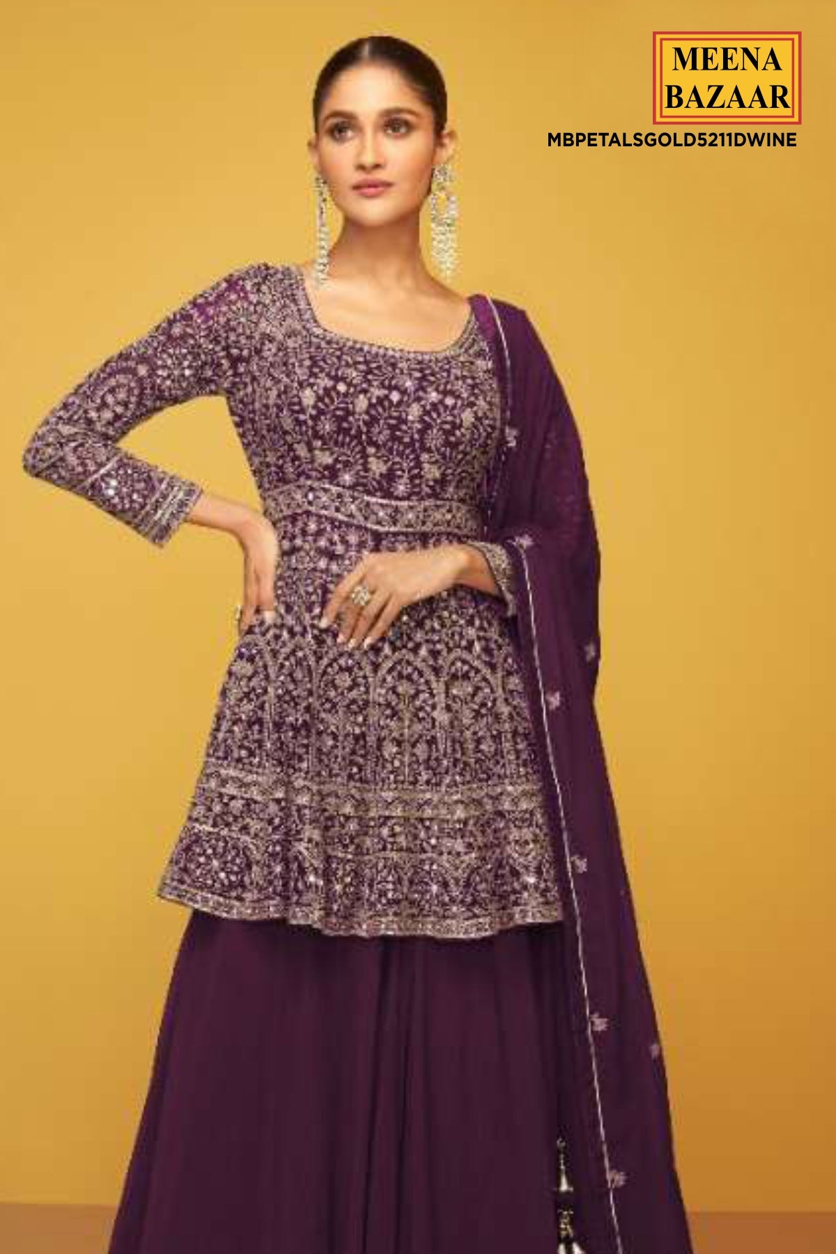 Wine Georgette Embroidered Peplum Kurti With Lehenga