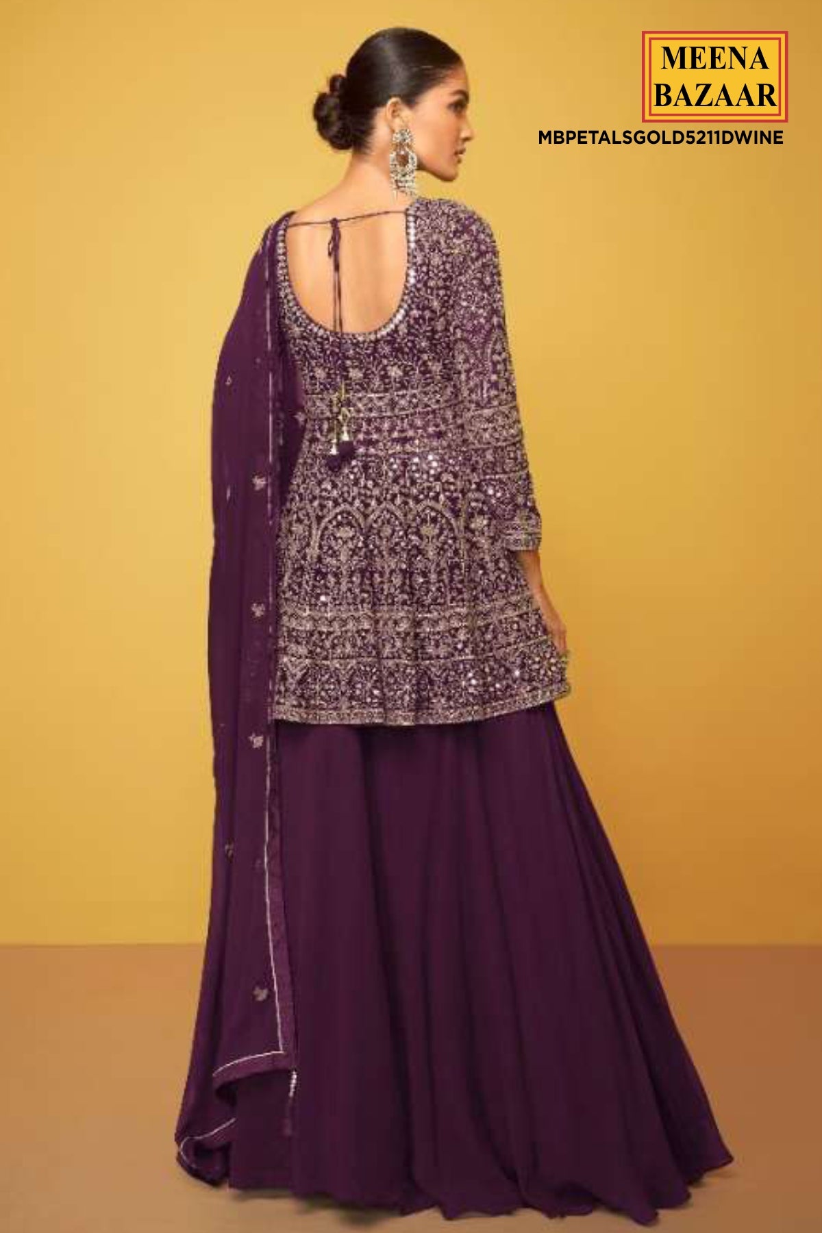 Wine Georgette Embroidered Peplum Kurti With Lehenga