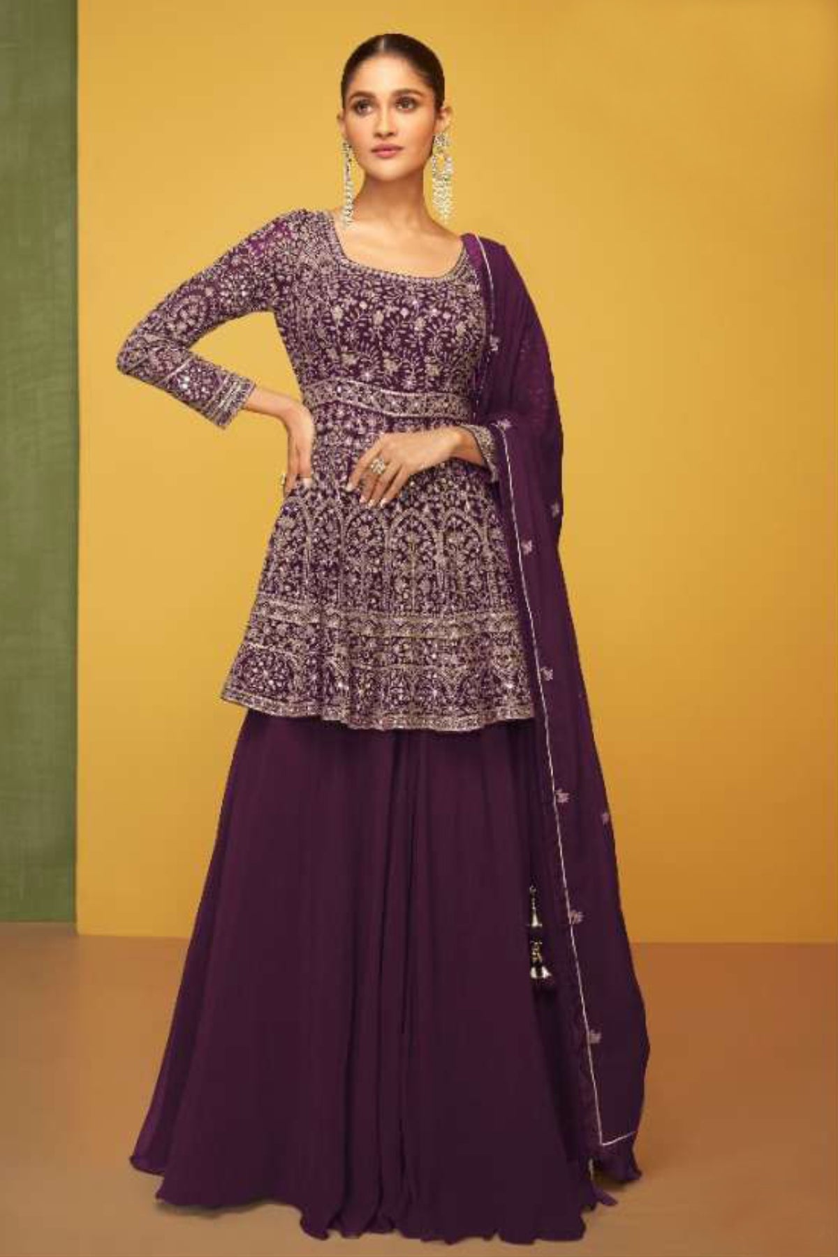 Wine Georgette Embroidered Peplum Kurti With Lehenga