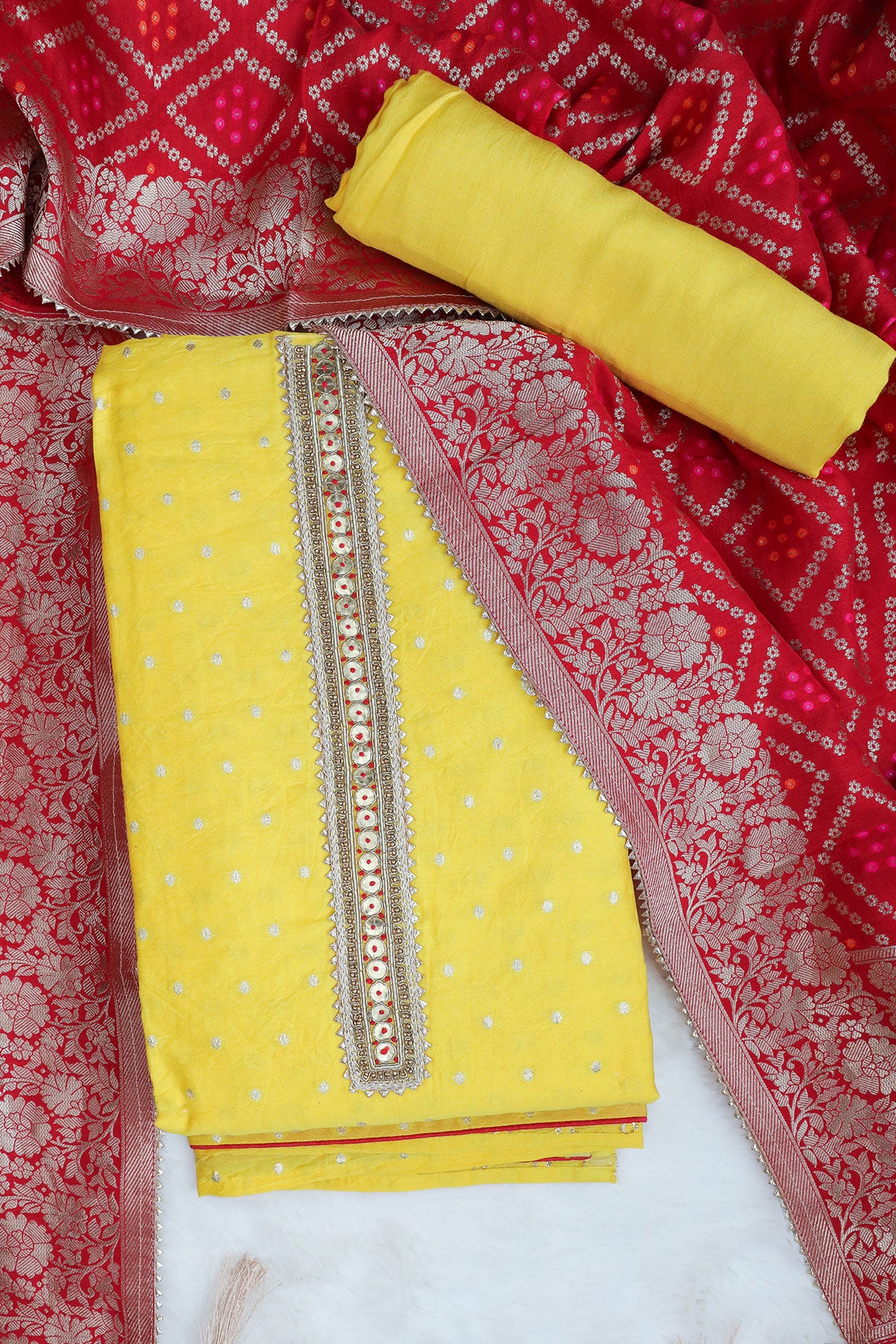 Yellow Chanderi Cotton Embroidered Suit Set