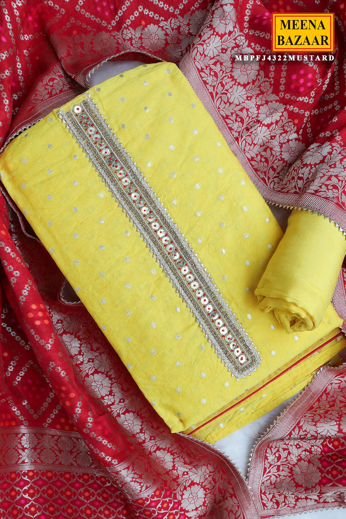 Yellow Chanderi Cotton Embroidered Suit Set