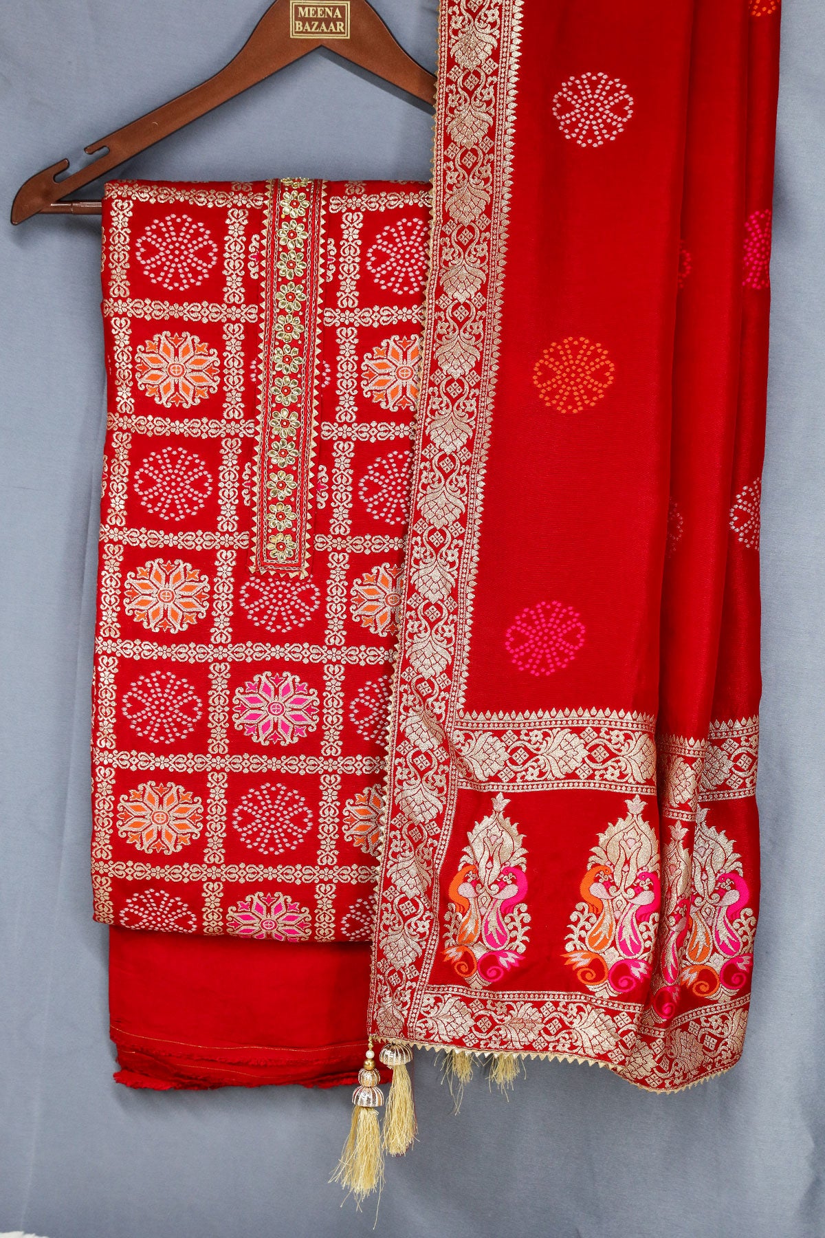 Red Banarasi Silk Zari Weaving Unstitched Suit Set