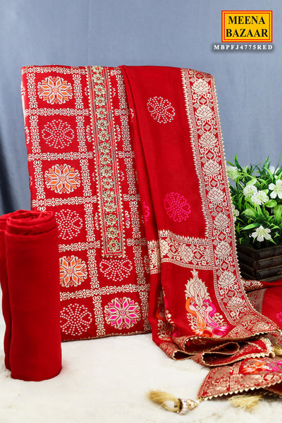 Red Banarasi Silk Zari Weaving Unstitched Suit Set