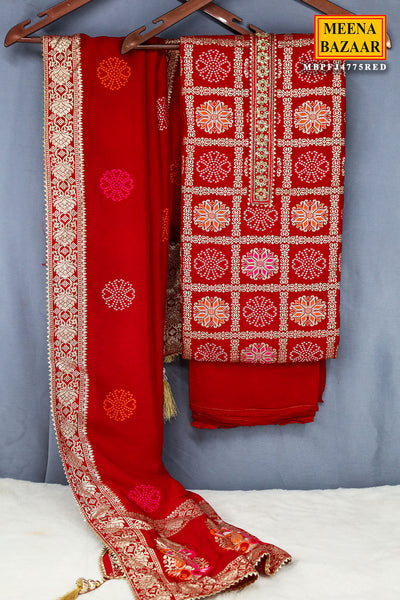 Red Banarasi Silk Zari Weaving Unstitched Suit Set