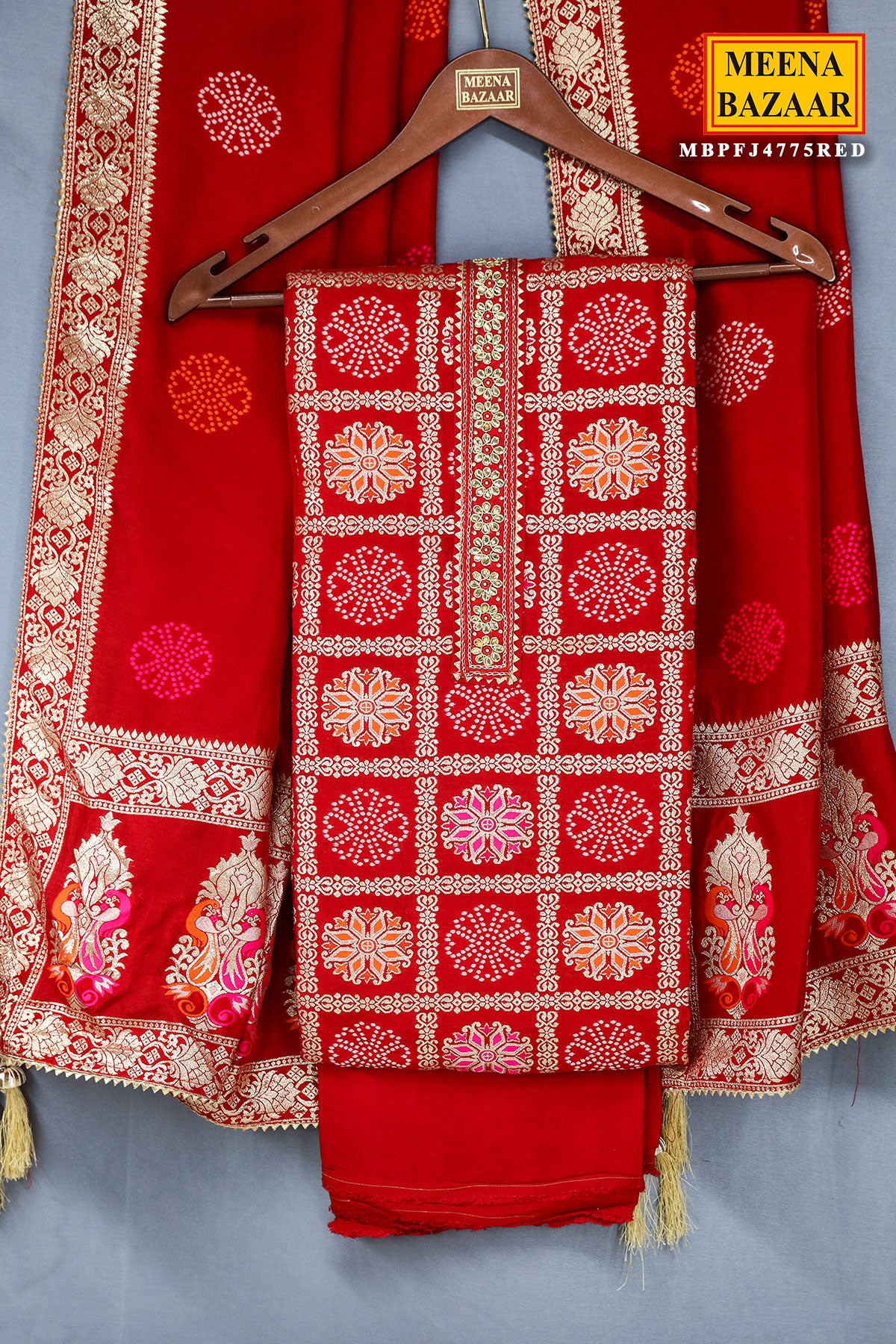 Red Banarasi Silk Zari Weaving Unstitched Suit Set