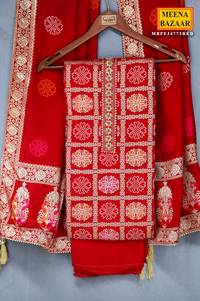 Red Banarasi Silk Zari Weaving Unstitched Suit Set