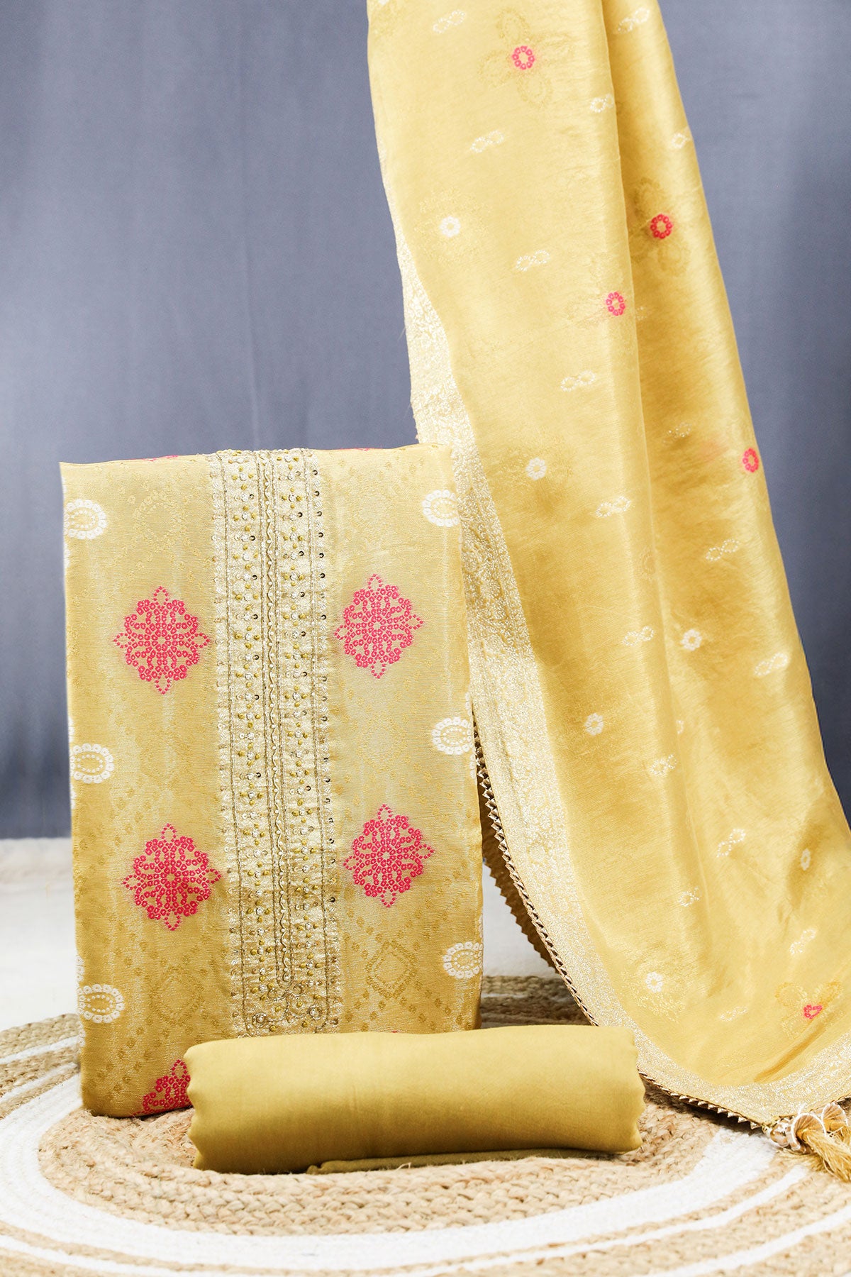 Mustard Banarasi Silk Embroidered Unstitched Suit