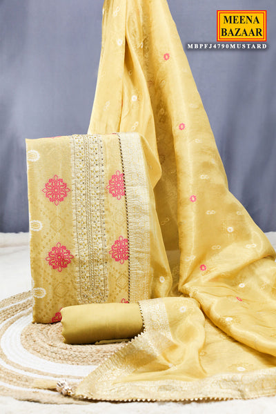 Mustard Banarasi Silk Embroidered Unstitched Suit