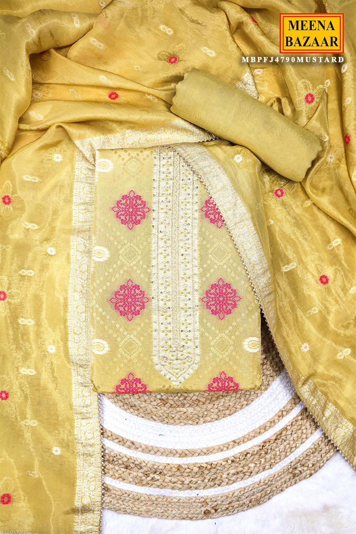 Mustard Banarasi Silk Embroidered Unstitched Suit