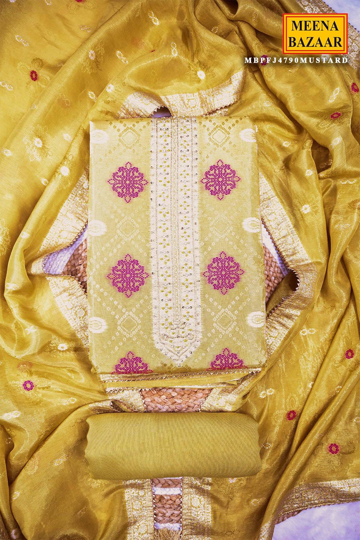 Mustard Banarasi Silk Embroidered Unstitched Suit