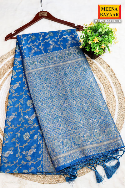 Blue Silk Blend Zari Woven Saree