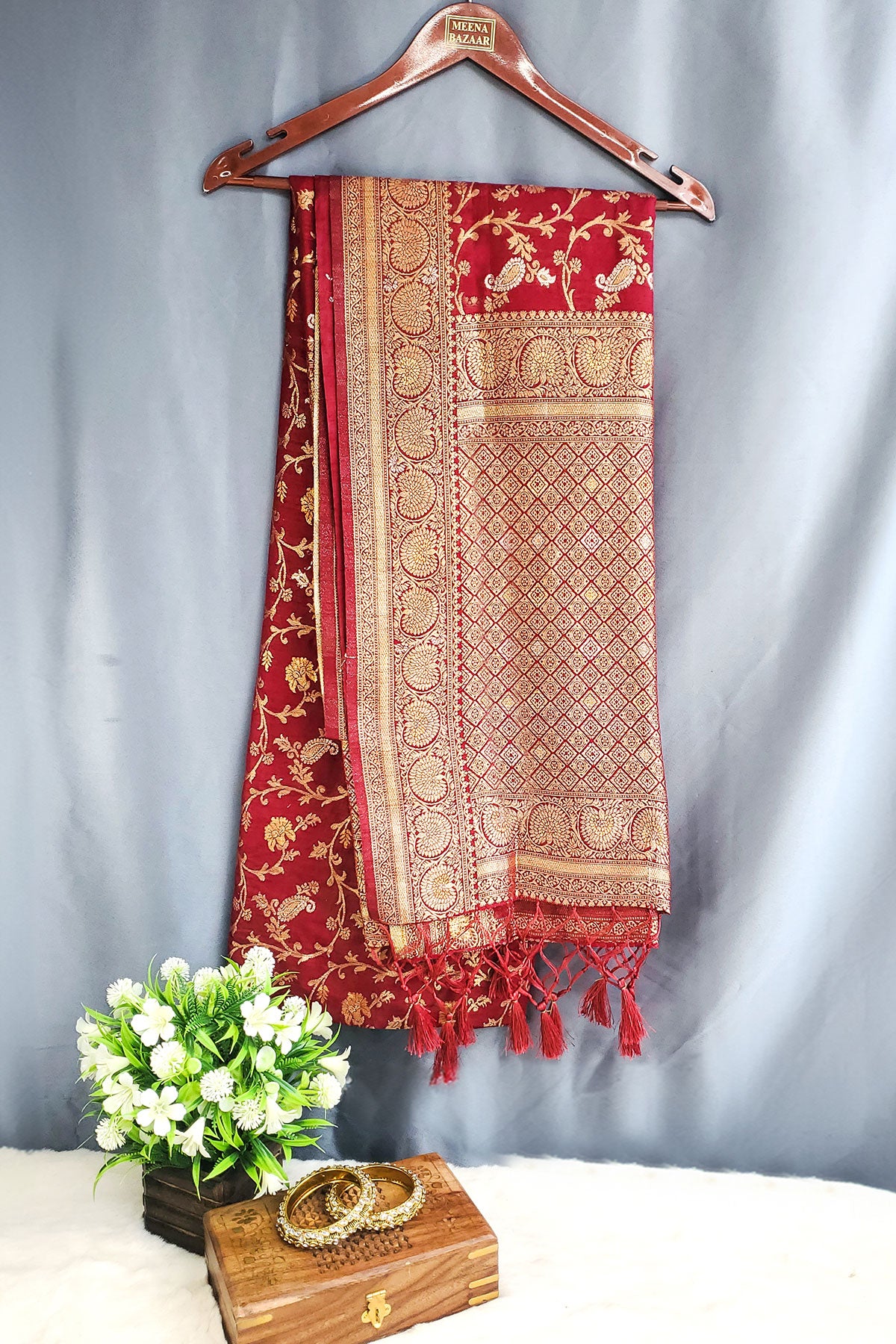 Maroon Silk Blend Zari Woven Saree