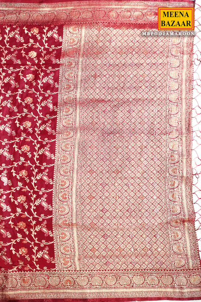 Maroon Silk Blend Zari Woven Saree