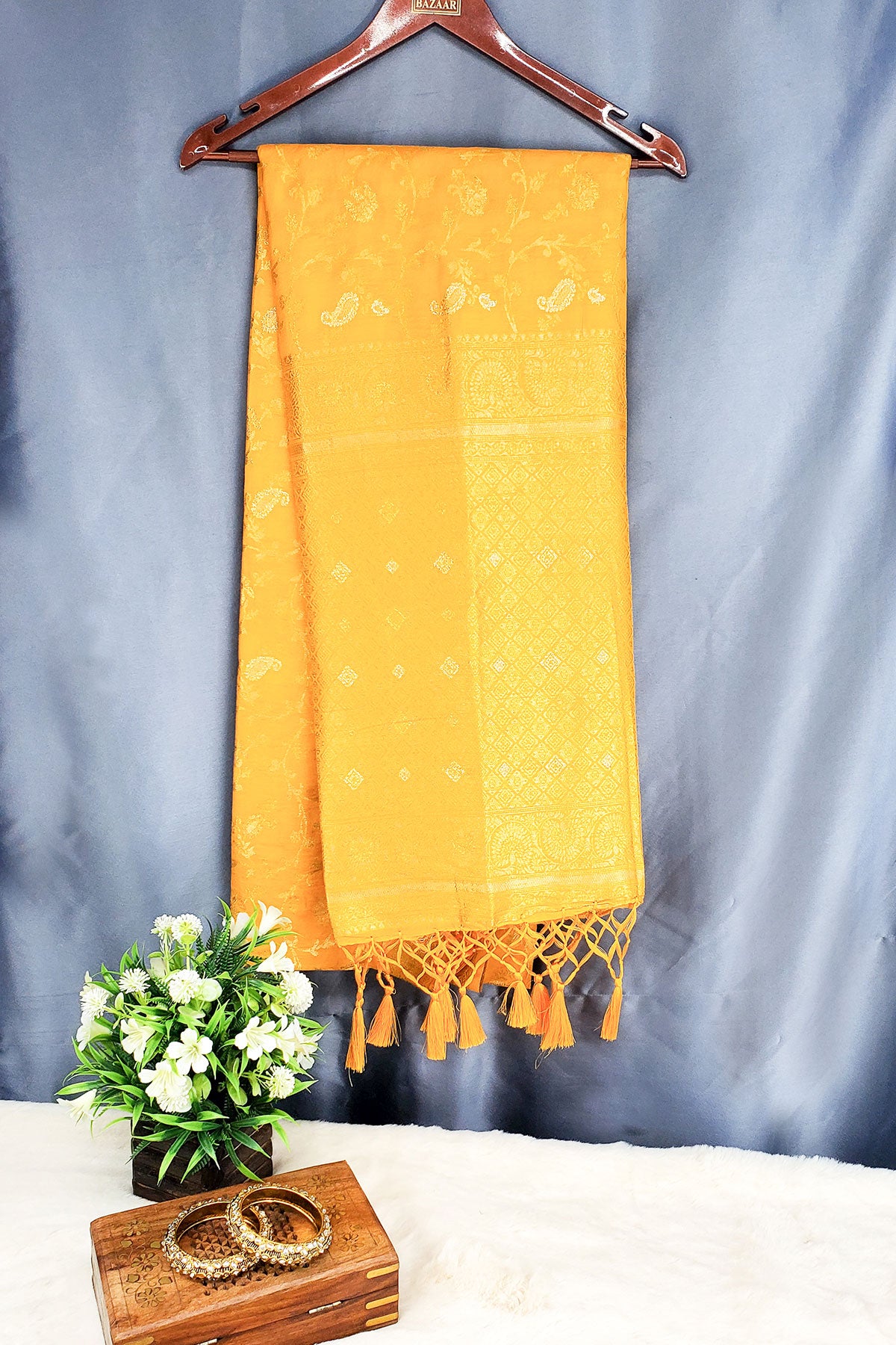 Mustard Silk Blend Zari Woven Saree