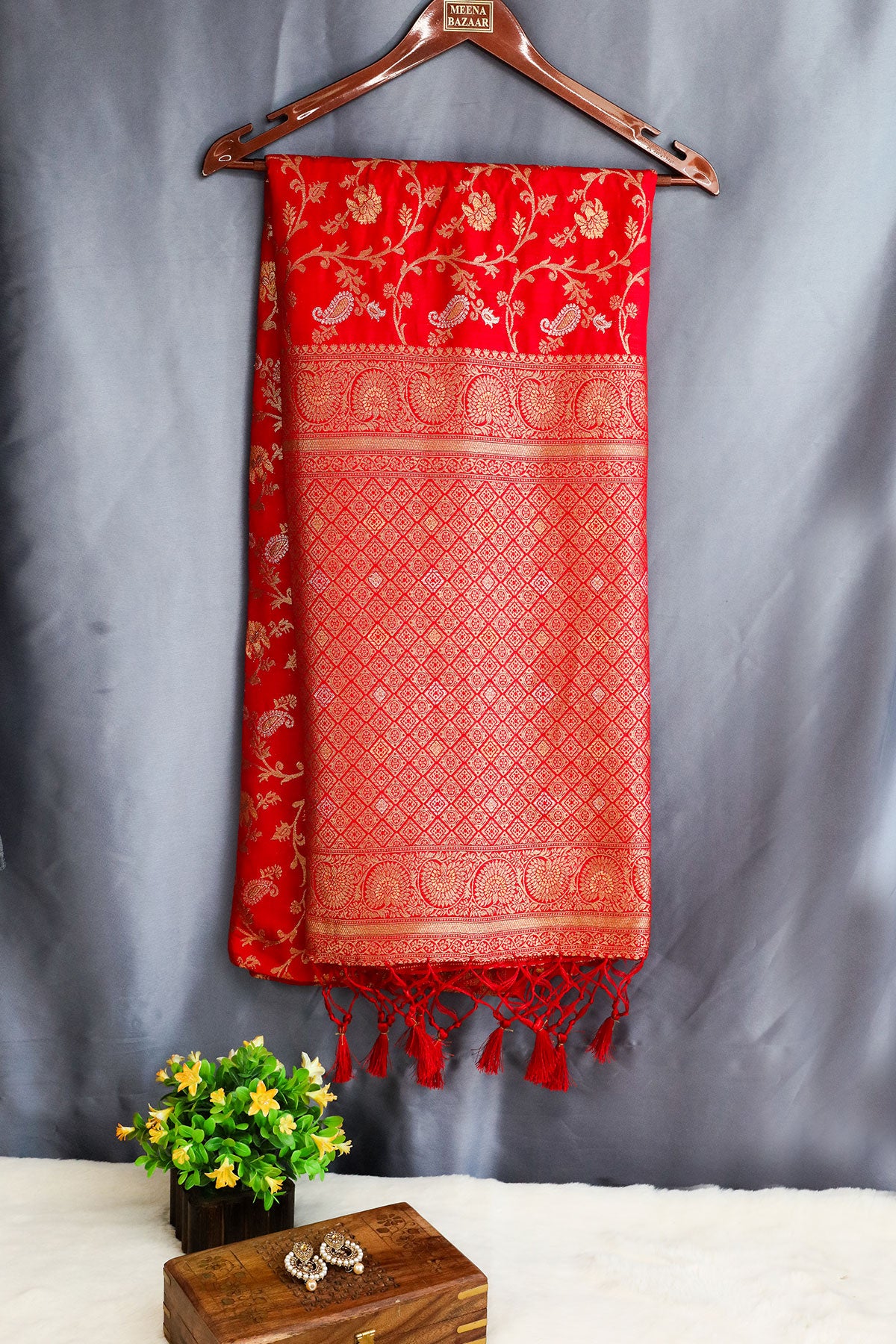 Red Silk Blend Zari Woven Saree